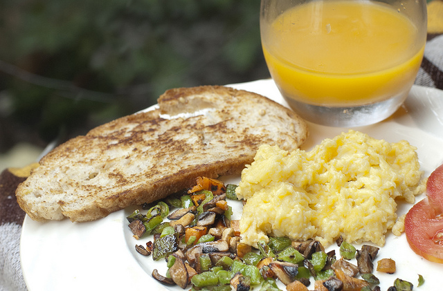 Orange juice, toast and eggs