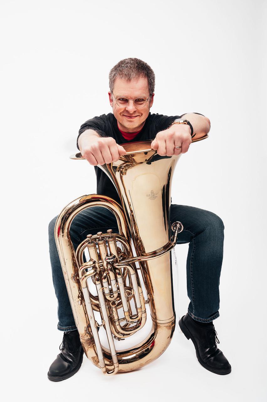 A picture of Nicholas H.Tollervey with his tuba