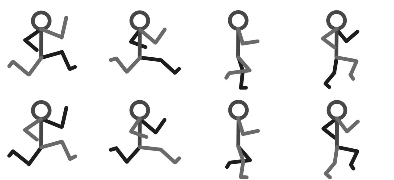 Individual frames for a running stick figure animation